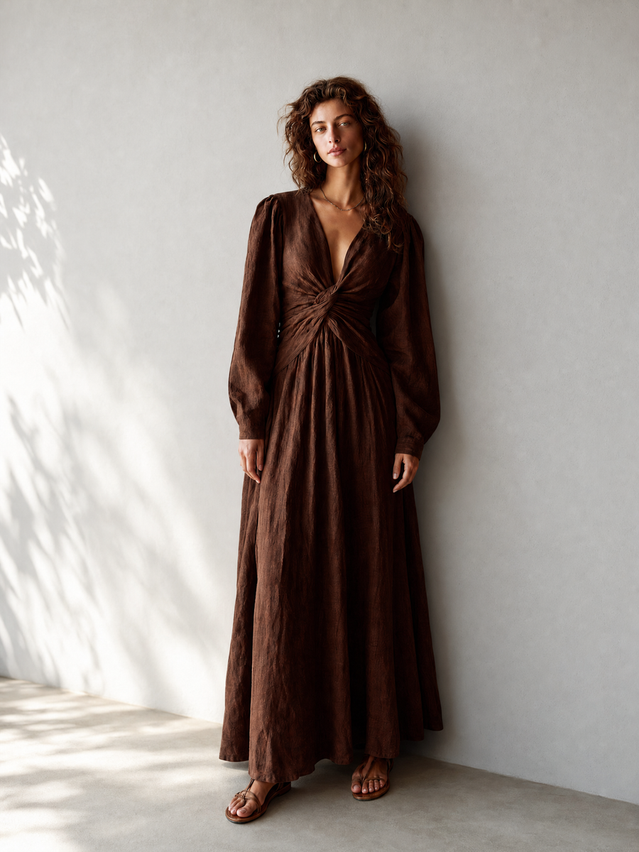 Women's Resort-Style Chocolate Brown Deep V-Neck Twist-Front Bishop-Sleeve Cinched-Waist Linen Maxi Dress MDZ1088G6CMX