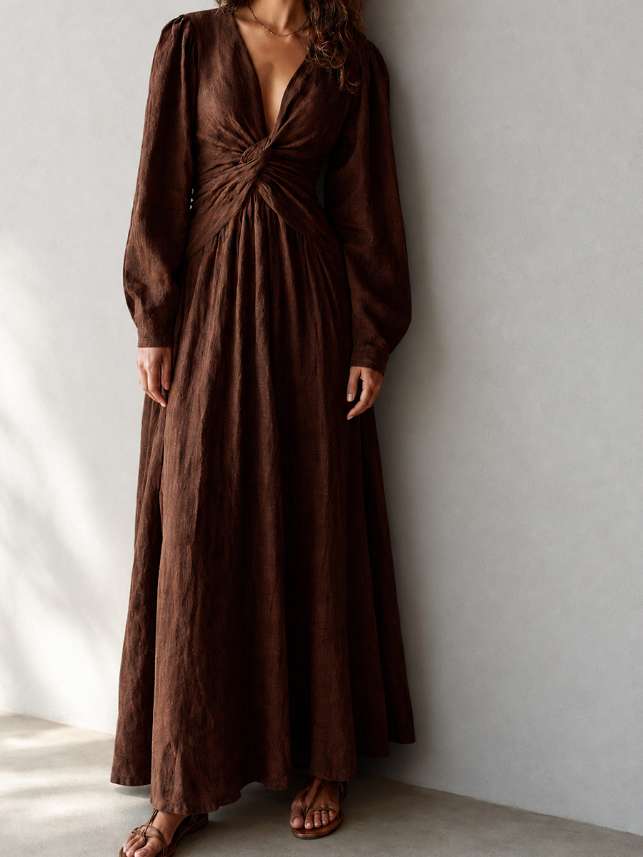 Women's Resort-Style Chocolate Brown Deep V-Neck Twist-Front Bishop-Sleeve Cinched-Waist Linen Maxi Dress MDZ1088G6CMX
