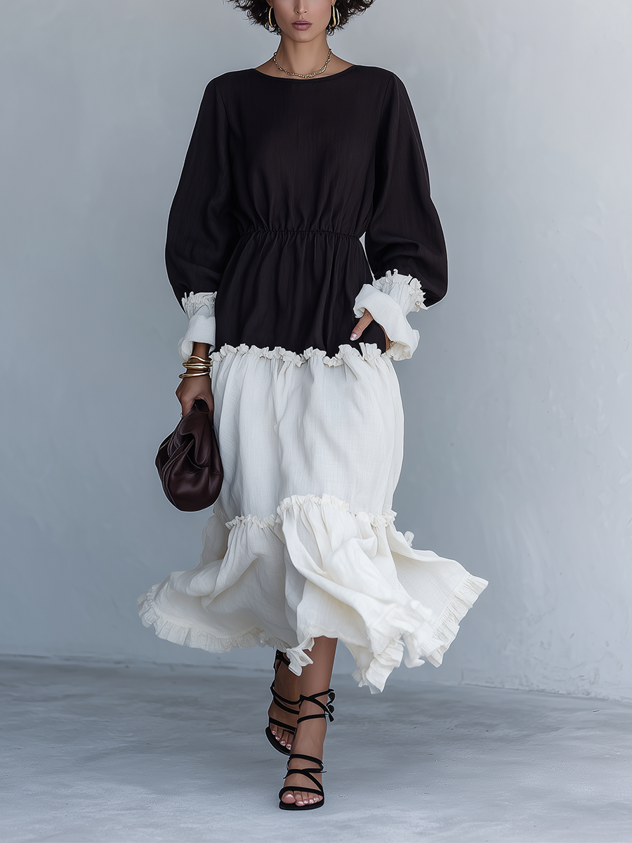 Women's Artistic Vintage Black-and-White Color-Block Round-Neck Bishop-Sleeve Ruffle Cinched-Waist Cotton-Linen Maxi Dress MDZ1009G4CMX