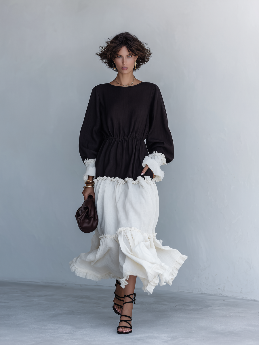Women's Artistic Vintage Black-and-White Color-Block Round-Neck Bishop-Sleeve Ruffle Cinched-Waist Cotton-Linen Maxi Dress MDZ1009G4CMX