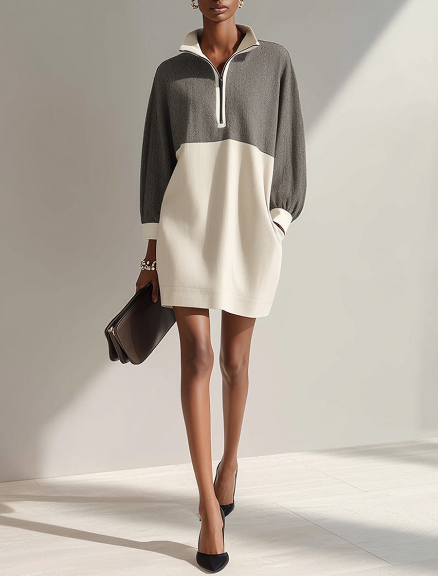 Women's Minimalist Color-Block Knit Mini Dress With Half-Zip Stand Collar MDZ1097G5ZRK