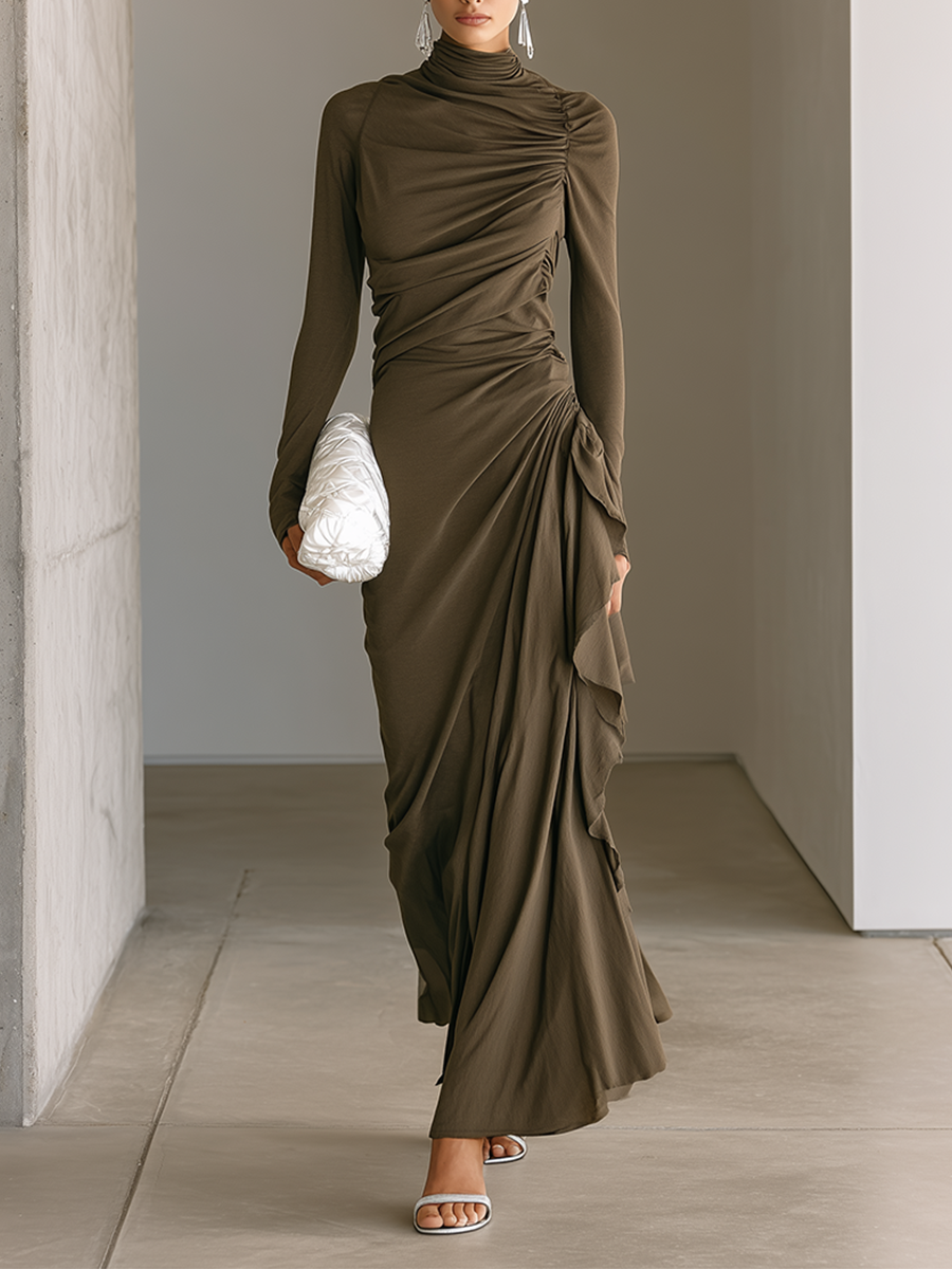 Women's Dark Taupe Soft Jersey Maxi Dress With Turtleneck Long Sleeves & Asymmetric Side Ruched Ruffle, Elegant Bodycon Evening Maxi Dress MDZ1394G9LYL
