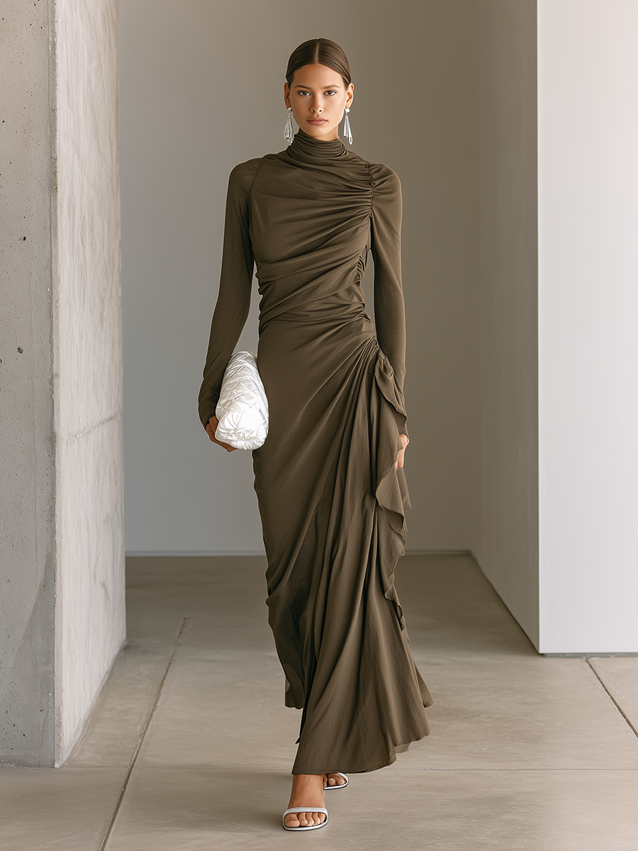 Women's Dark Taupe Soft Jersey Maxi Dress With Turtleneck Long Sleeves & Asymmetric Side Ruched Ruffle, Elegant Bodycon Evening Maxi Dress MDZ1394G9LYL