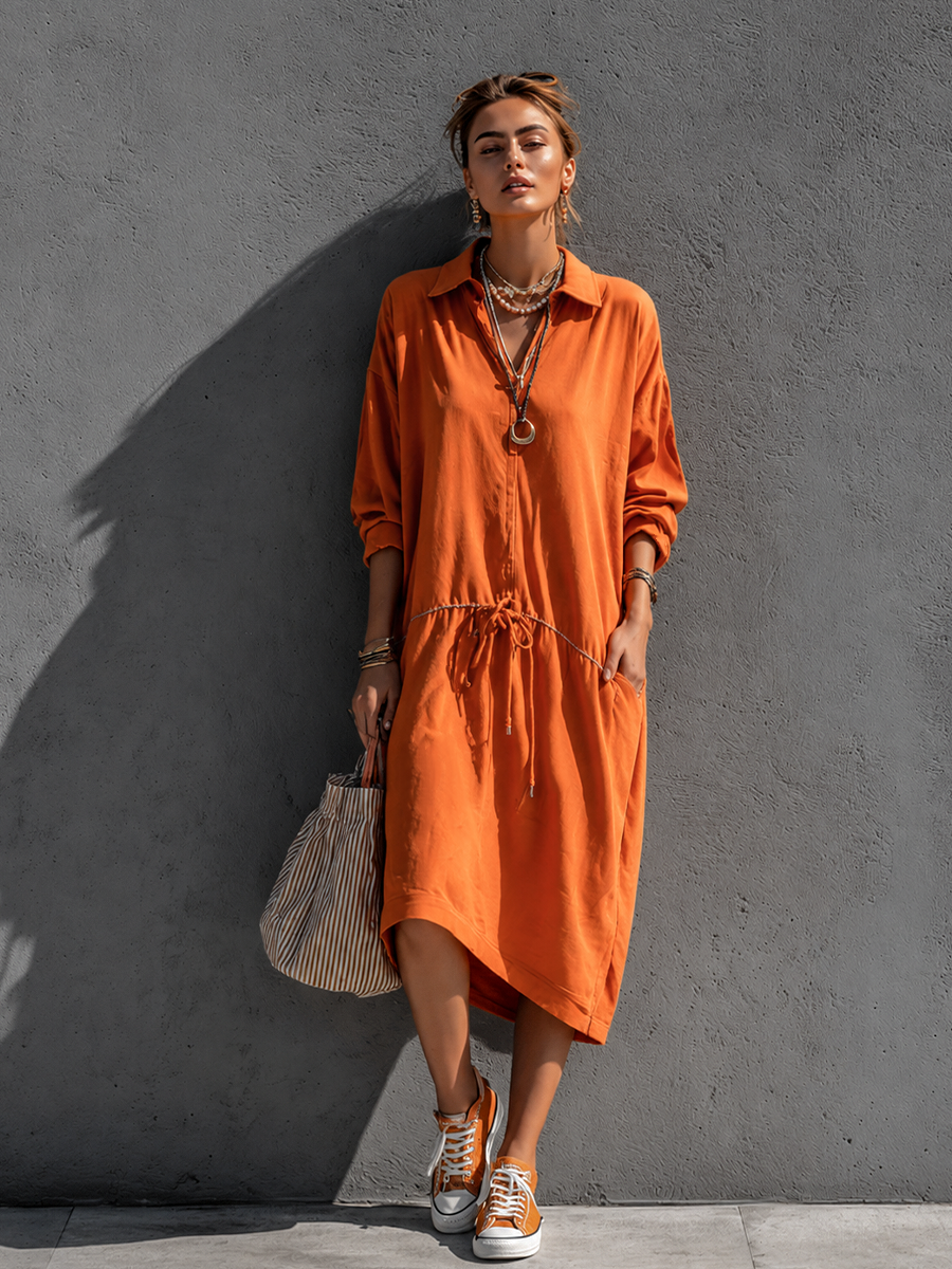 Women's Vacation Casual Orange Cotton Blend Lapel Drawstring Waist Irregular Midi Dress MDZ1019G8GMJ