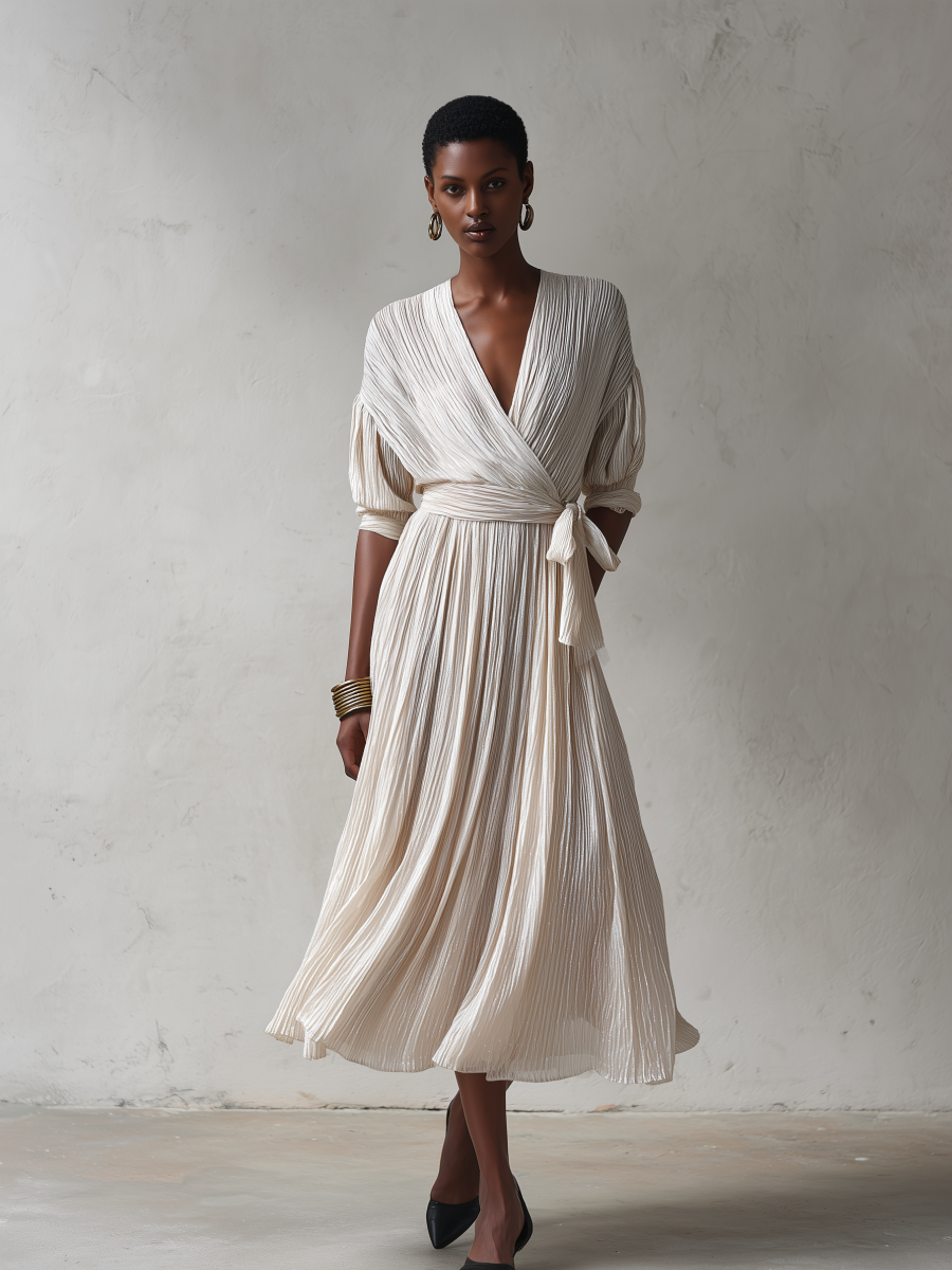 Women's Elegant Ivory Pleated Wrap V-Neck Tie Waist Batwing Sleeve Pleated Midi DressMDZ1370G0ZSQ