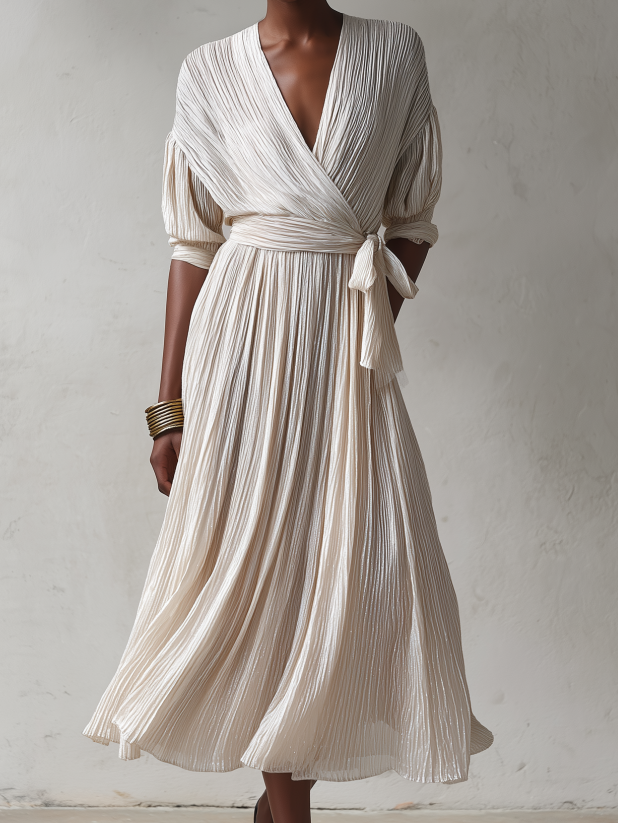 Women's Elegant Ivory Pleated Wrap V-Neck Tie Waist Batwing Sleeve Pleated Midi DressMDZ1370G0ZSQ