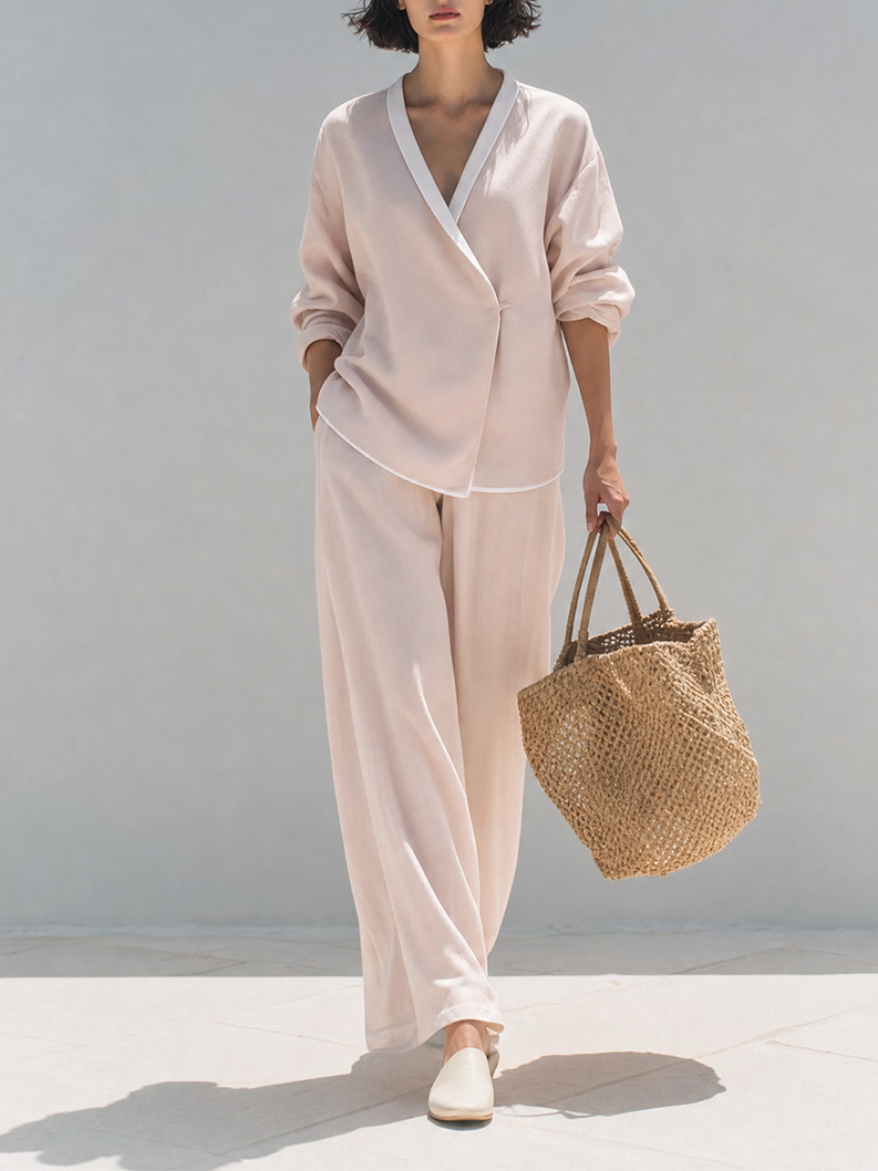 Women's Minimalist Blush Pink Viscose Blend V-Neck Contrast Trim Wrap Front Long Sleeve Top And Wide-Leg Pants Two-Piece SetMDZ1355G4ZSQ