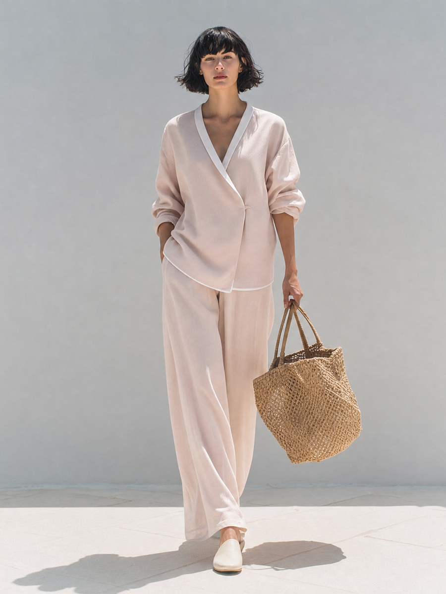 Women's Minimalist Blush Pink Viscose Blend V-Neck Contrast Trim Wrap Front Long Sleeve Top And Wide-Leg Pants Two-Piece SetMDZ1355G4ZSQ