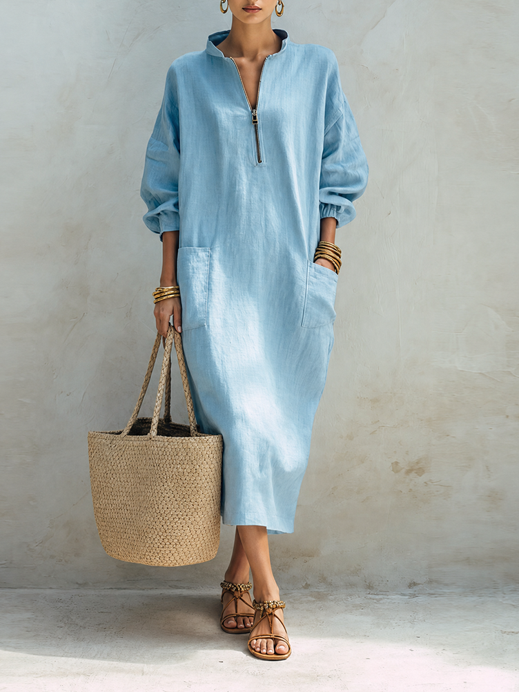 Women's Coastal Style Light Blue Linen Blend Stand Collar Half-Zip Long Sleeve Patch Pocket Oversized Maxi DressMDZ1386G8ZSQ