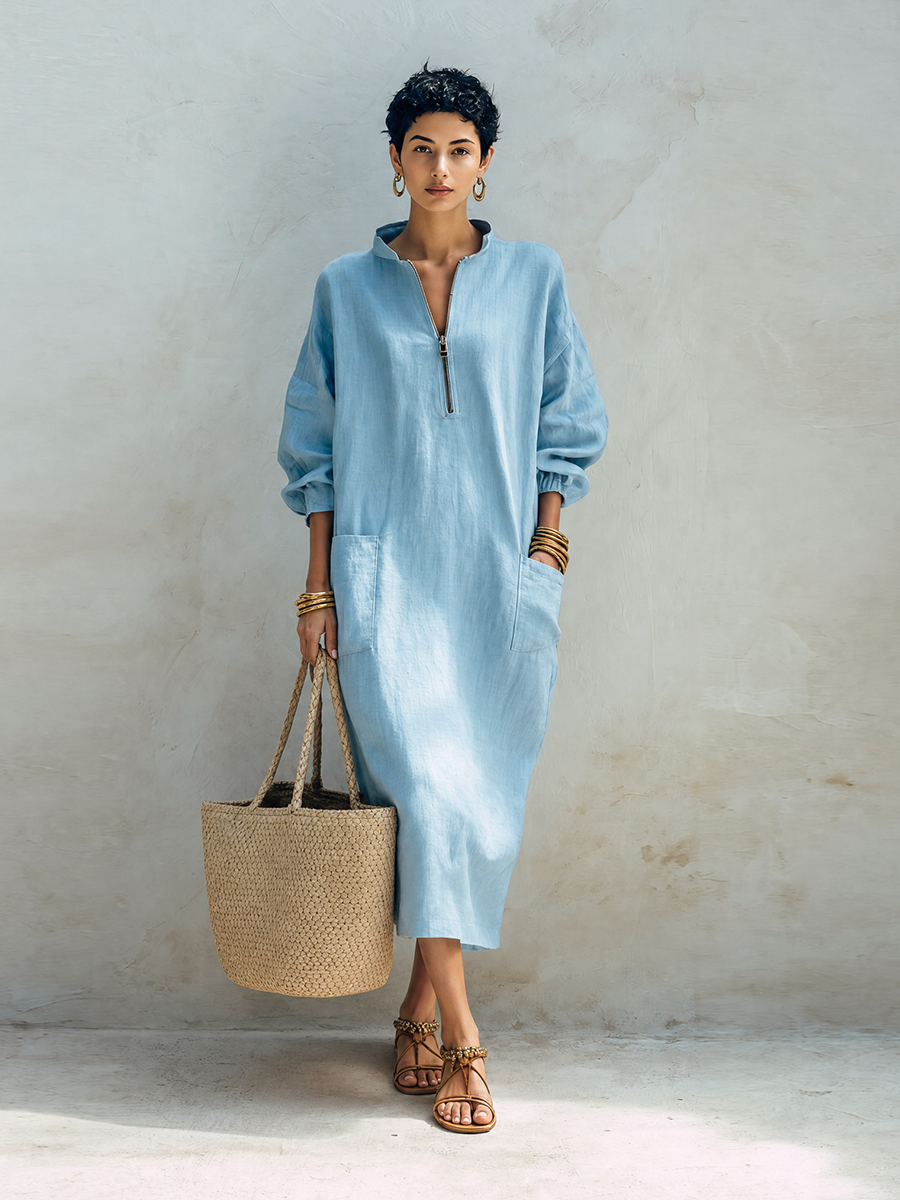 Women's Coastal Style Light Blue Linen Blend Stand Collar Half-Zip Long Sleeve Patch Pocket Oversized Maxi DressMDZ1386G8ZSQ