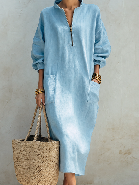 Women's Coastal Style Light Blue Linen Blend Stand Collar Half-Zip Long Sleeve Patch Pocket Oversized Maxi DressMDZ1386G8ZSQ