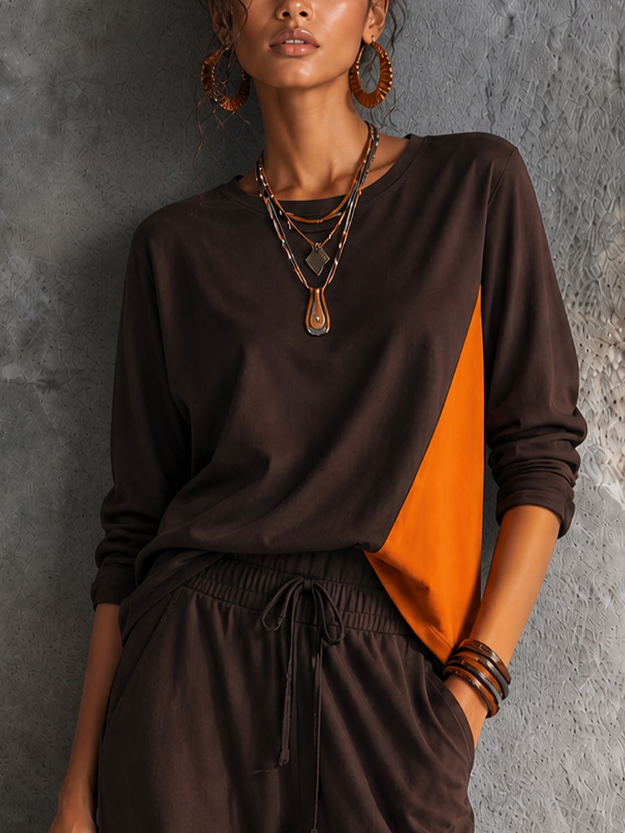 Women's Casual Dark Brown Spliced Orange Cotton Blend Contrast Slice Drawstring Wide Leg Pants Two Piece Set MDZ1329G3GMJ