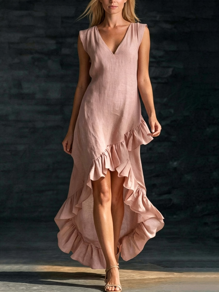 V-Neck Sleeveless High-Low Ruffle Hem Maxi Dress