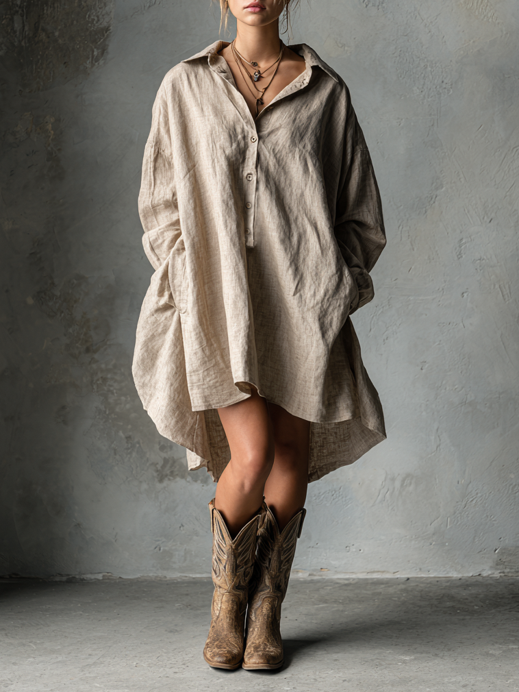 Women's Fashion Loose Cotton And Linen Button Lapel Mini Dress MDA1854H2Y