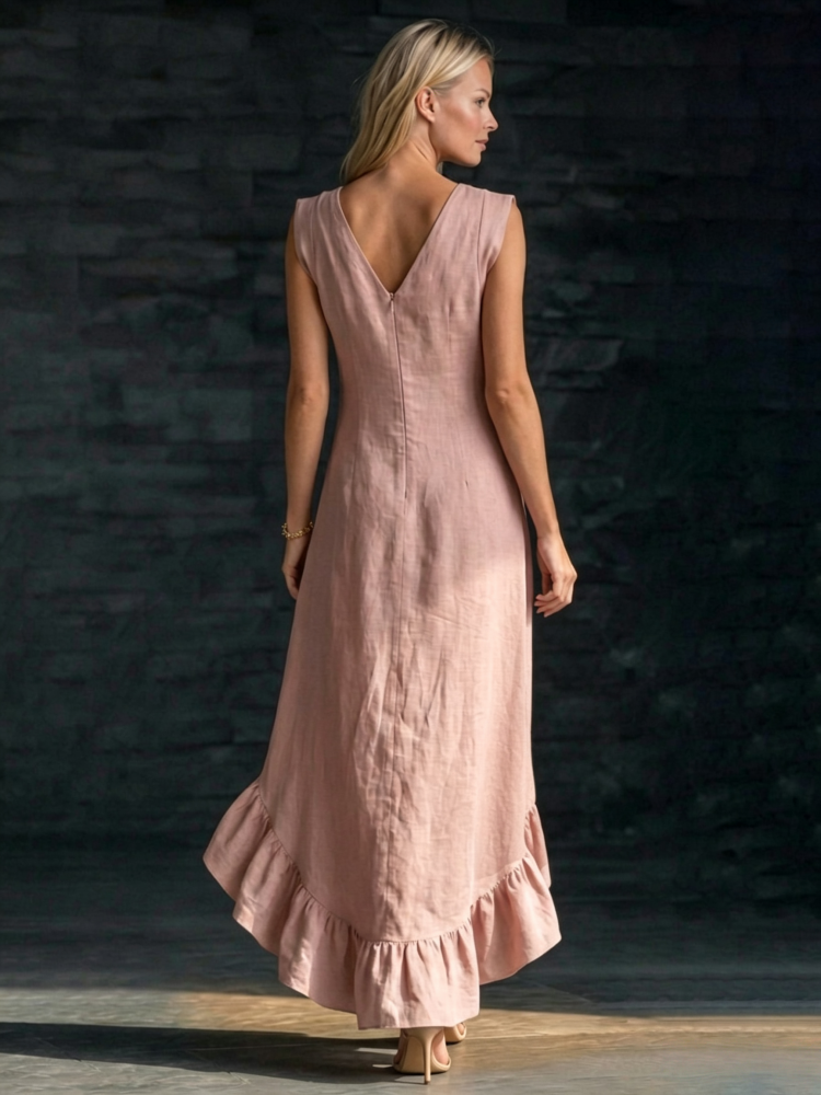 V-Neck Sleeveless High-Low Ruffle Hem Maxi Dress