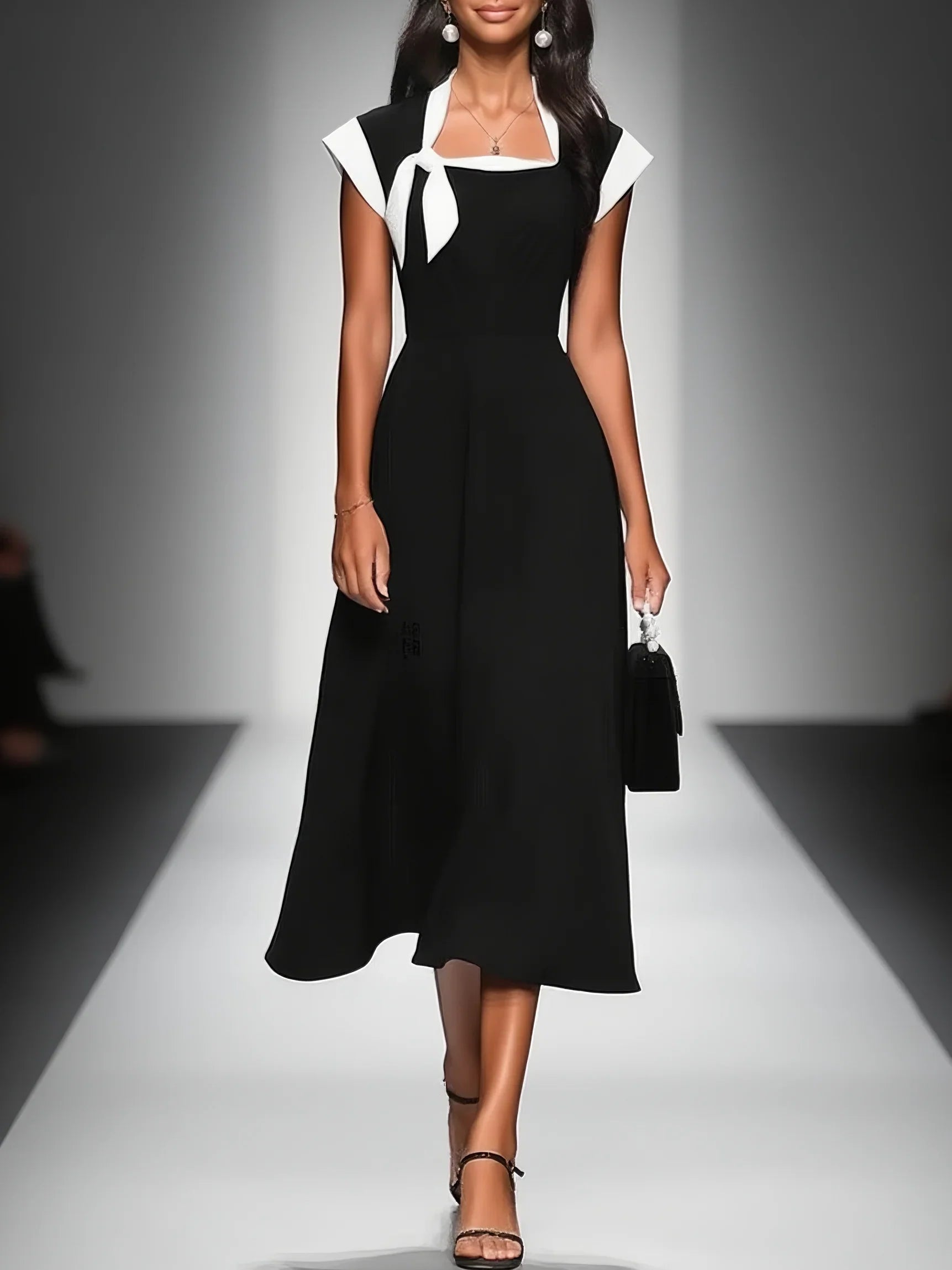 Colorblock Square Neck Cap Shoulder Sleeve Waist Midi Dress MDA2447F4Y