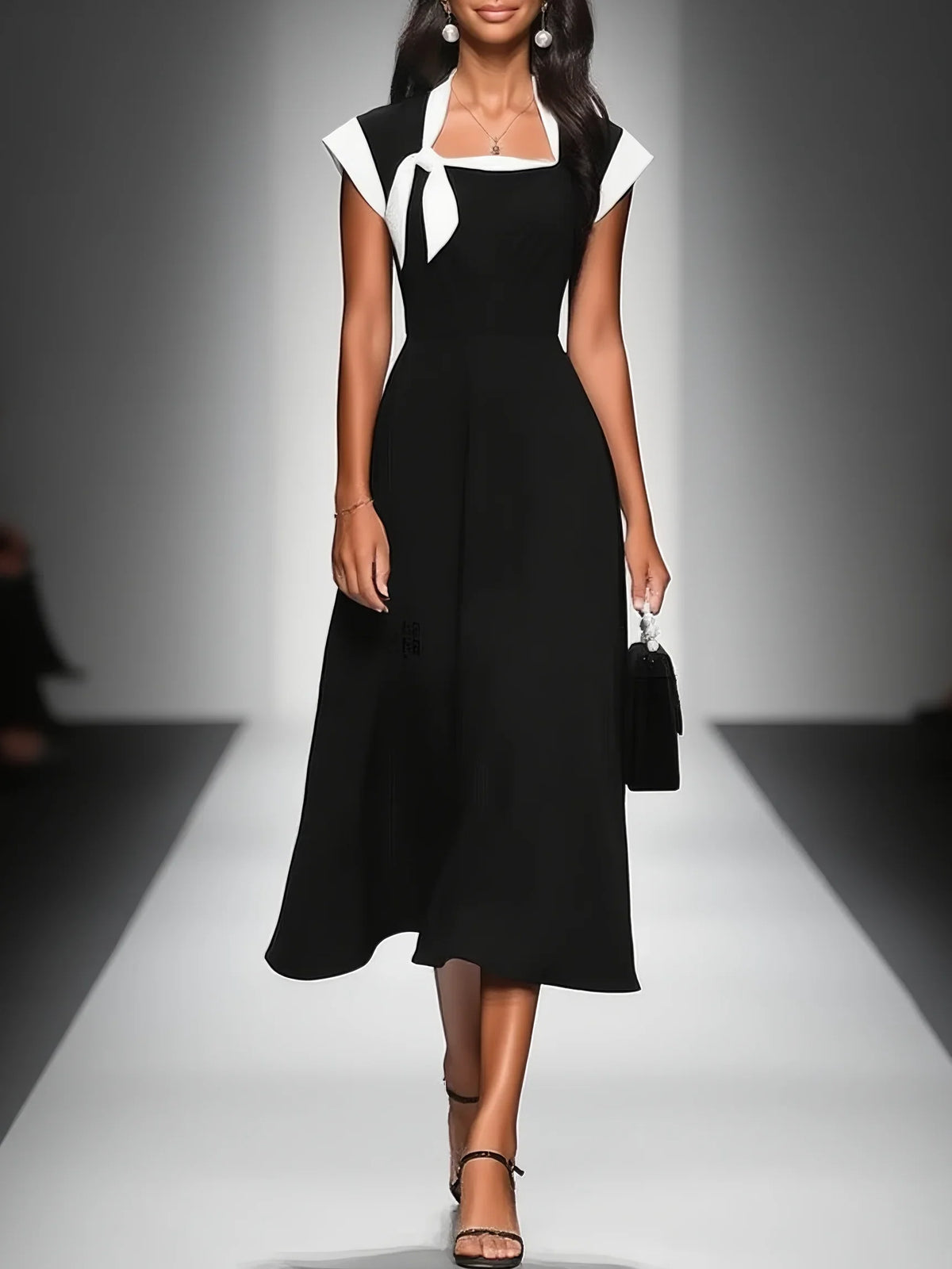 Colorblock Square Neck Cap Shoulder Sleeve Waist Midi Dress MDA2447F4Y