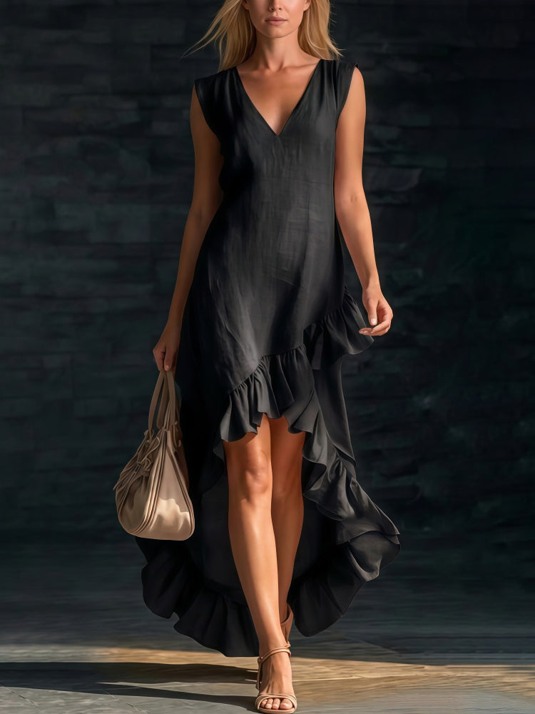 V-Neck Sleeveless High-Low Ruffle Hem Maxi Dress