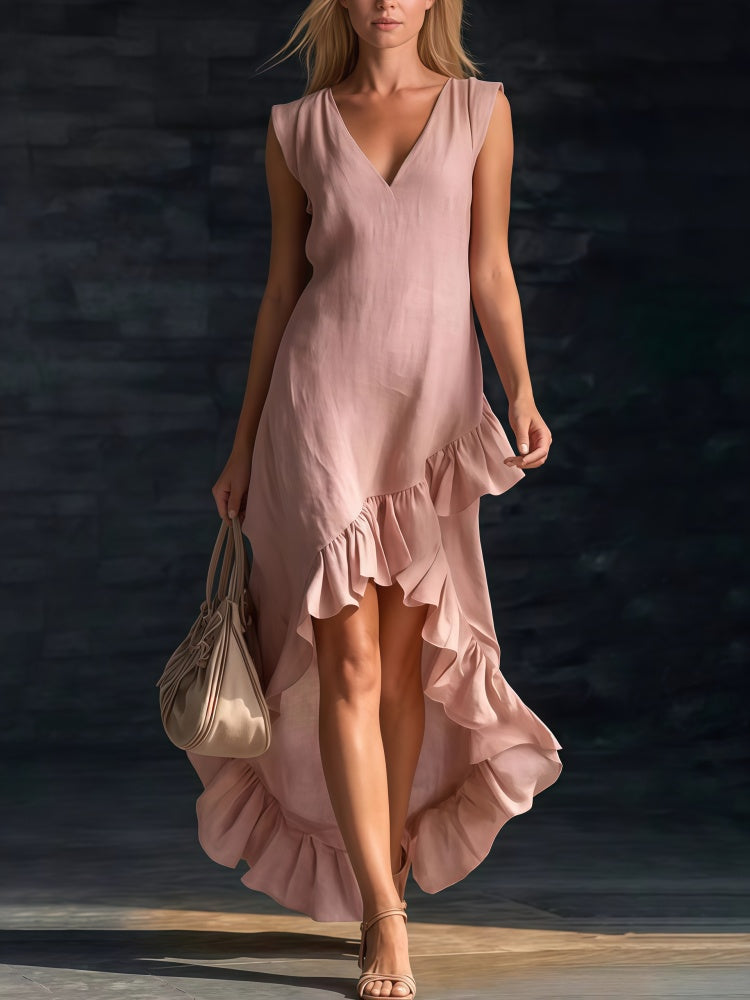 V-Neck Sleeveless High-Low Ruffle Hem Maxi Dress