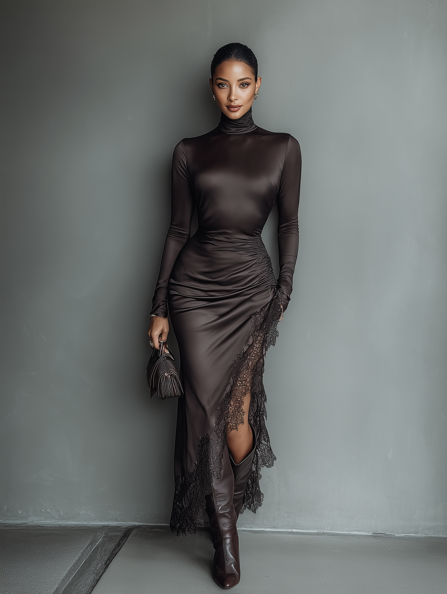 Women's Dark Brown Satin Irregular Hem Lace Slim Maxi Dress MDA0501H1T
