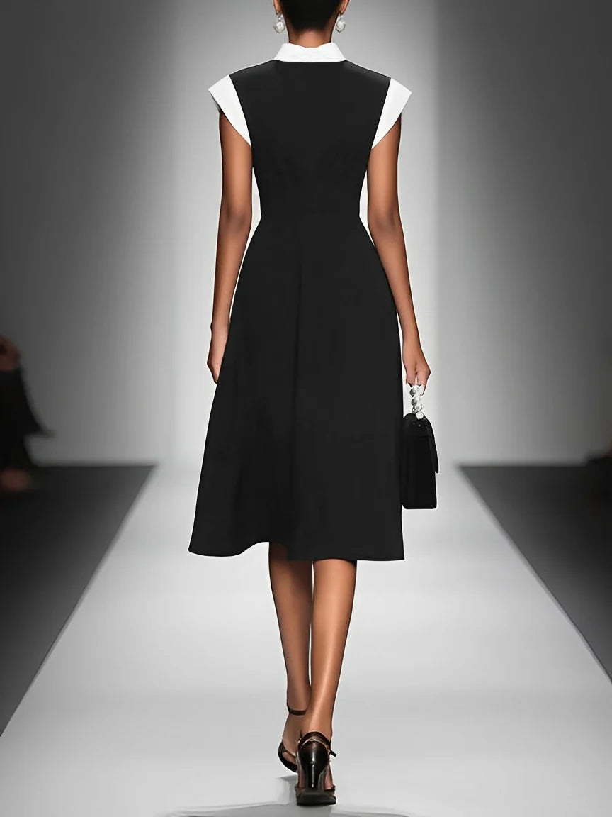 Colorblock Square Neck Cap Shoulder Sleeve Waist Midi Dress MDA2447F4Y