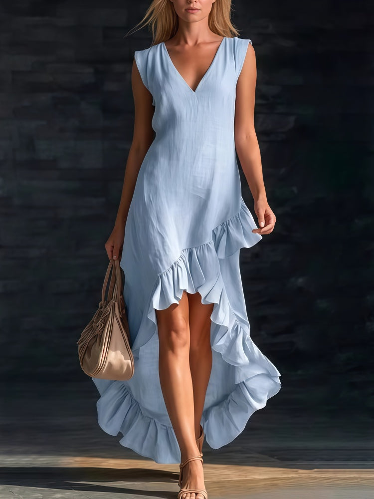 V-Neck Sleeveless High-Low Ruffle Hem Maxi Dress
