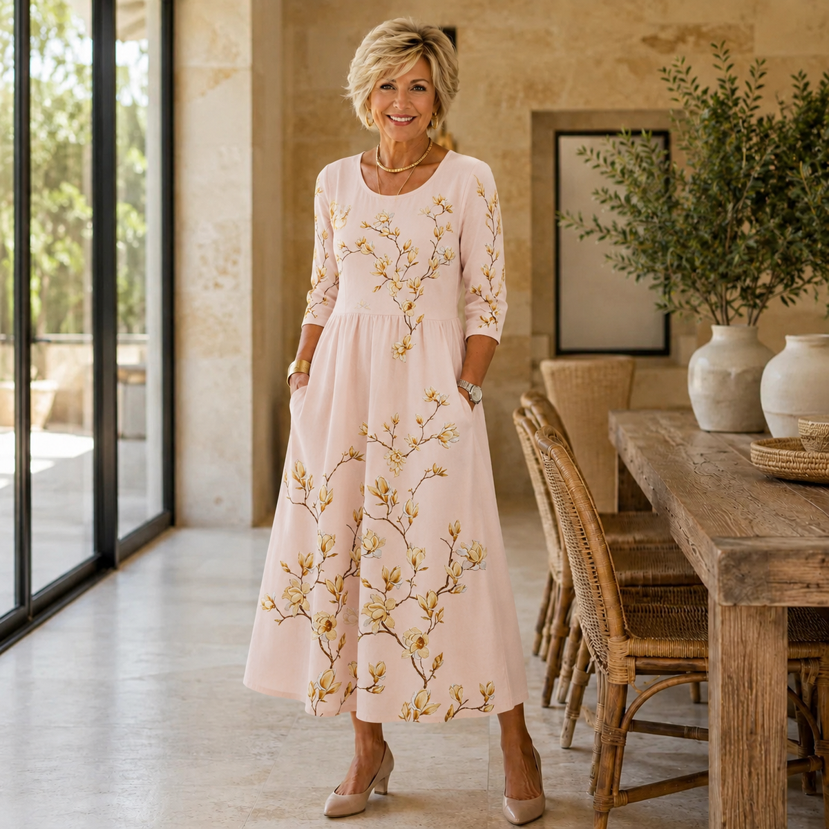 Golden Magnolia Bloom Pocket Midi Dress