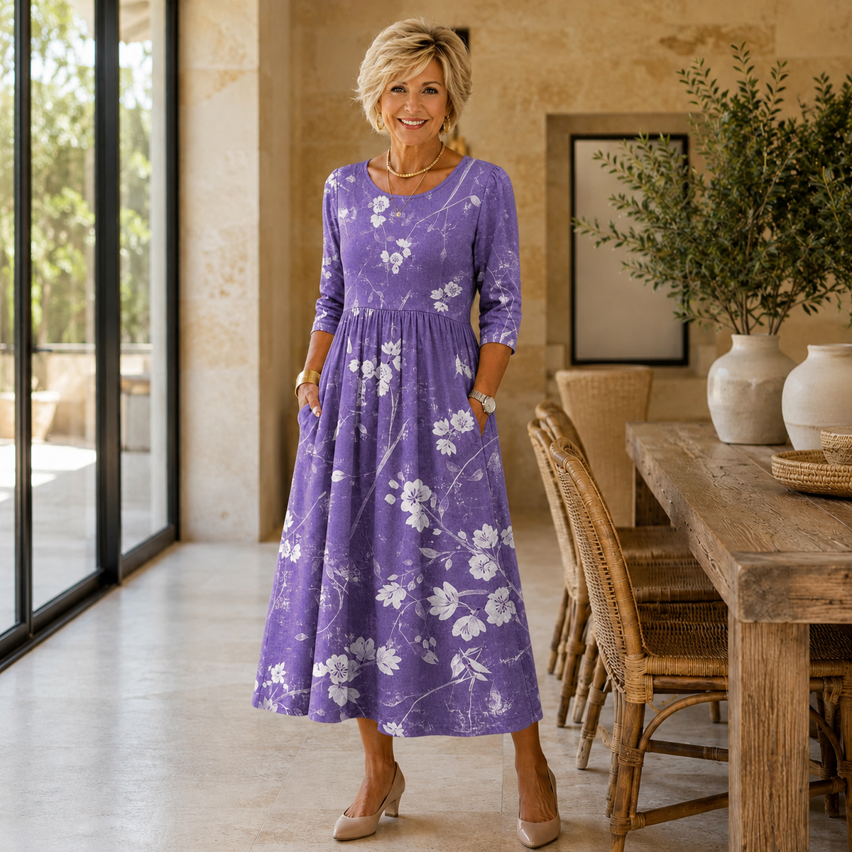 Lavender Bloom Comfort Pocket Midi Dress