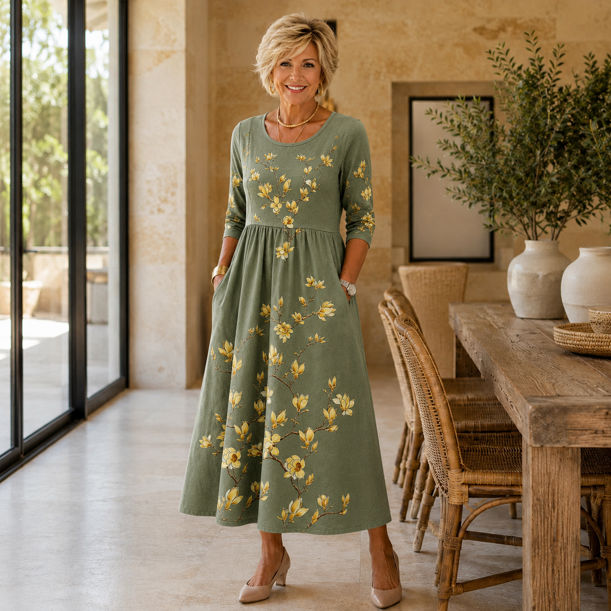 Sage Blossom Grace Pocket Midi Dress