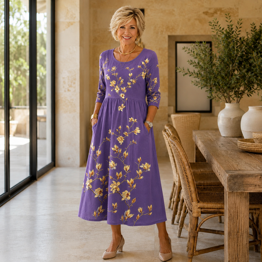 Golden Magnolia Charm Pocket Midi Dress