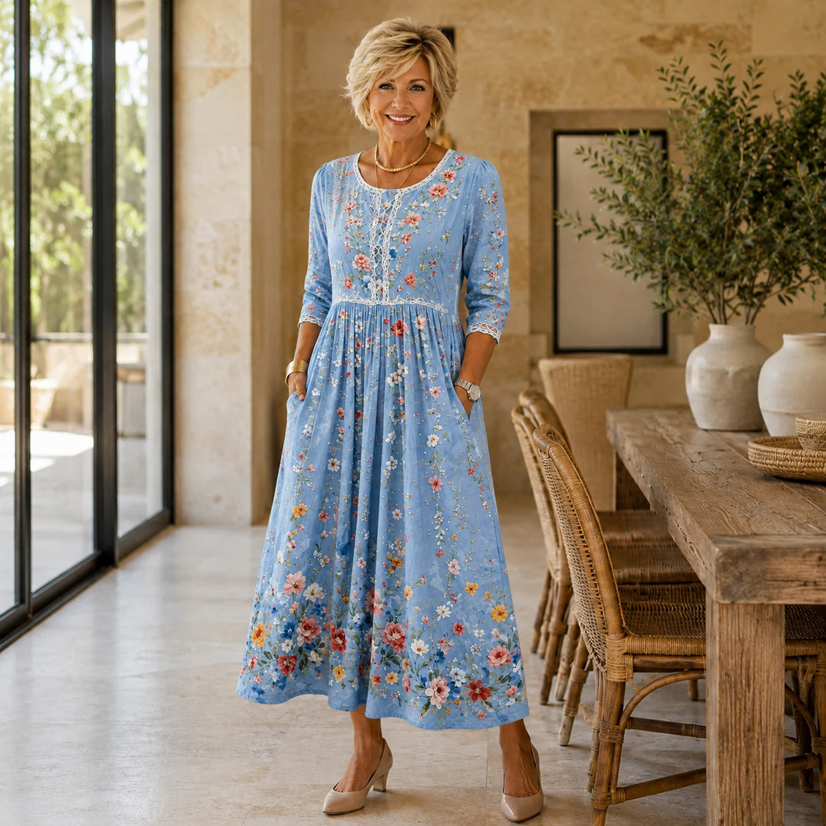 Sky Blossom Garden Midi Dress