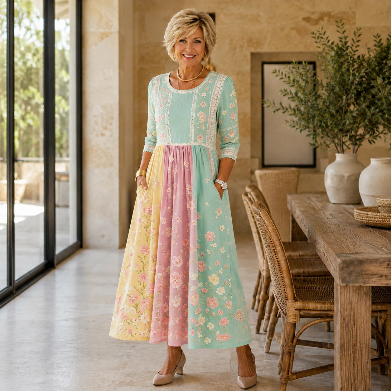 Spring Blossom Patchwork Pocket Midi Dress