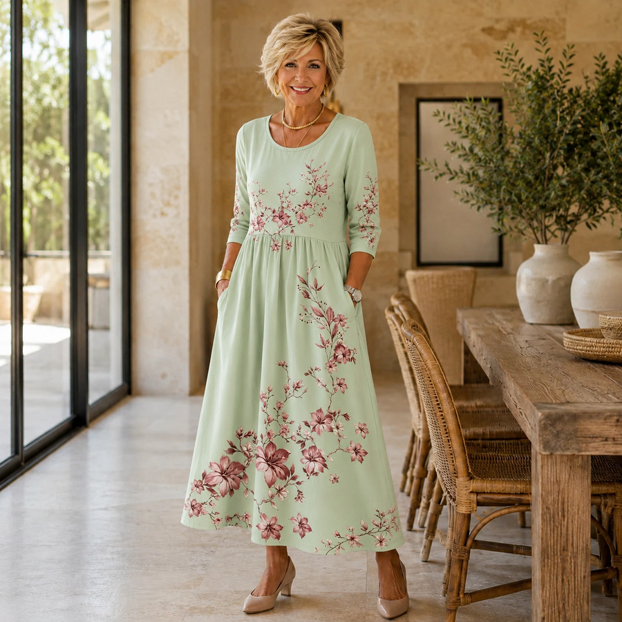 Sage Blossom Grace Pocket Midi Dress