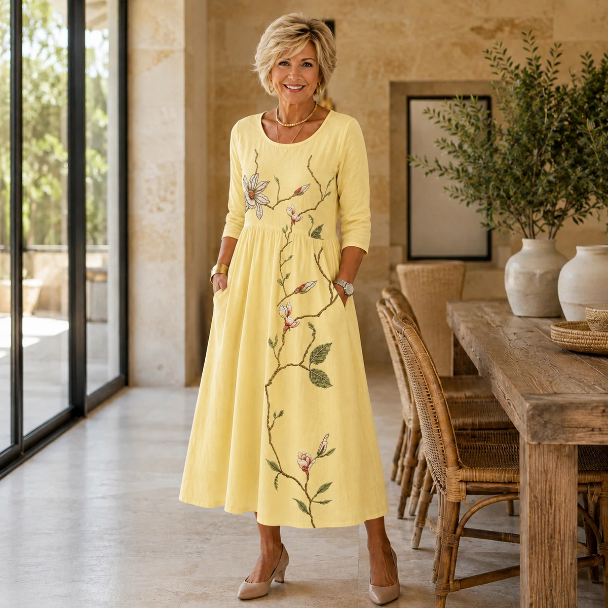 Golden Blossom Pocket Midi Dress