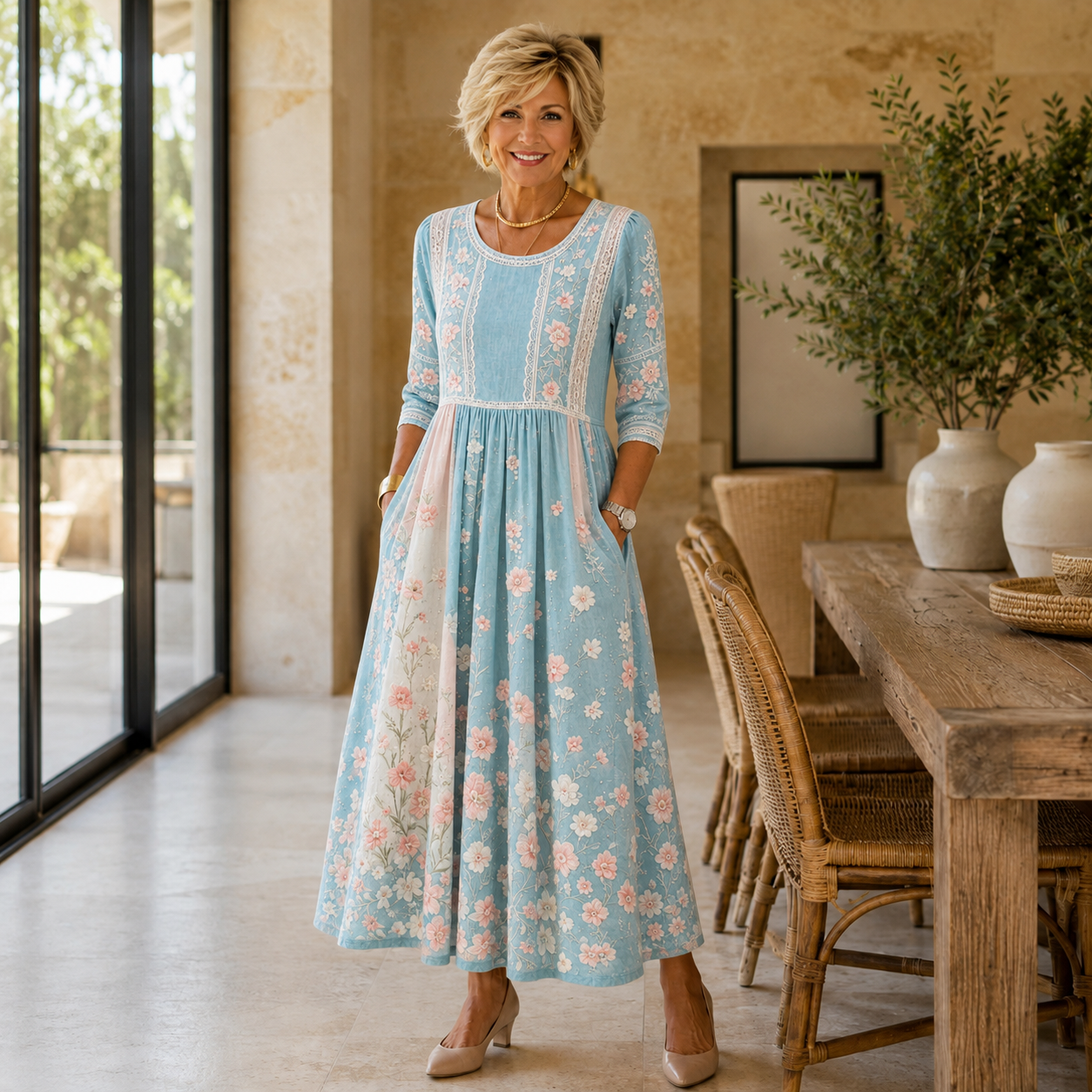 Spring Blossom Patchwork Midi Dress