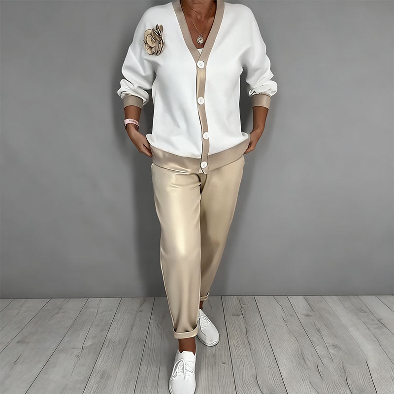 Casual V-Neck Top & High Waist Pants 2-Piece Set