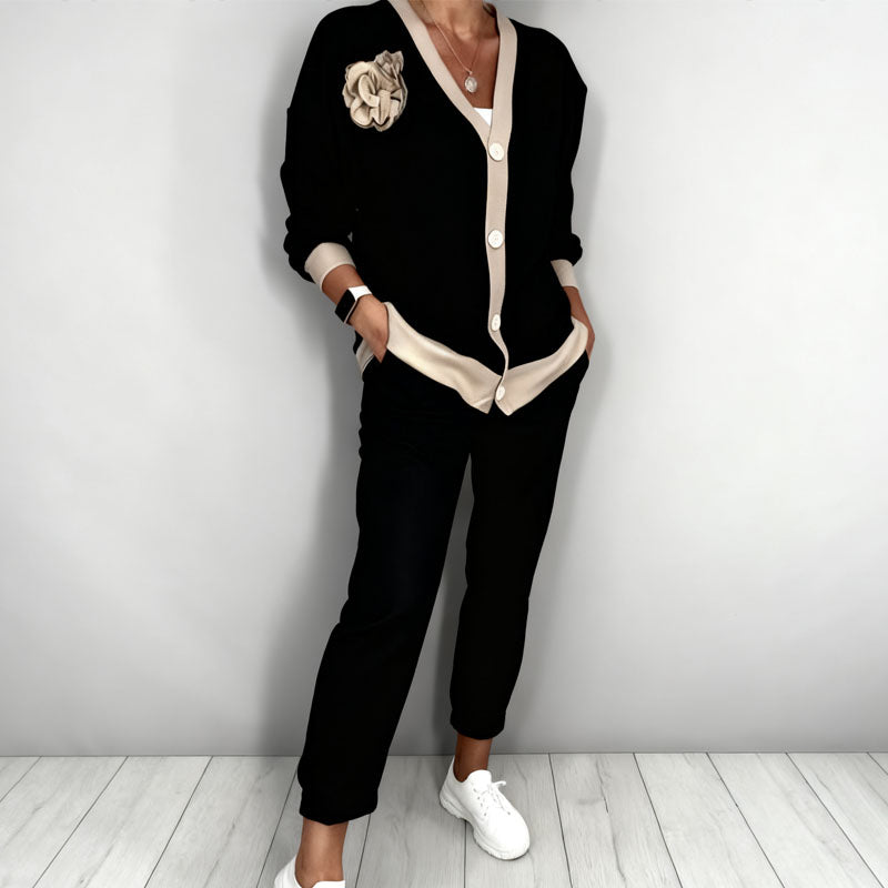 Casual V-Neck Top & High Waist Pants 2-Piece Set