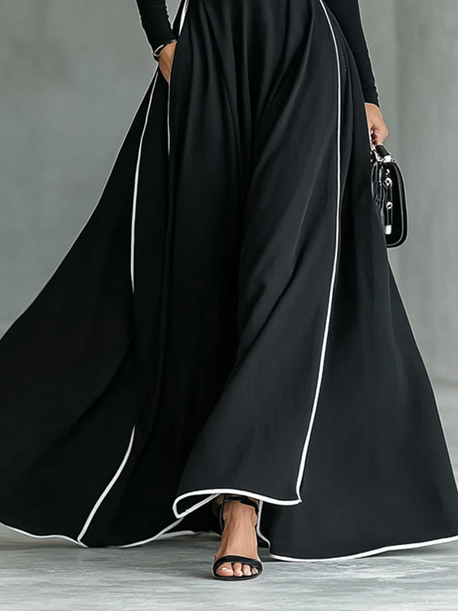 Women's Black Stitching White Trim High Collar Long Sleeve Tight Belt Maxi Dress MDA1031G0Y