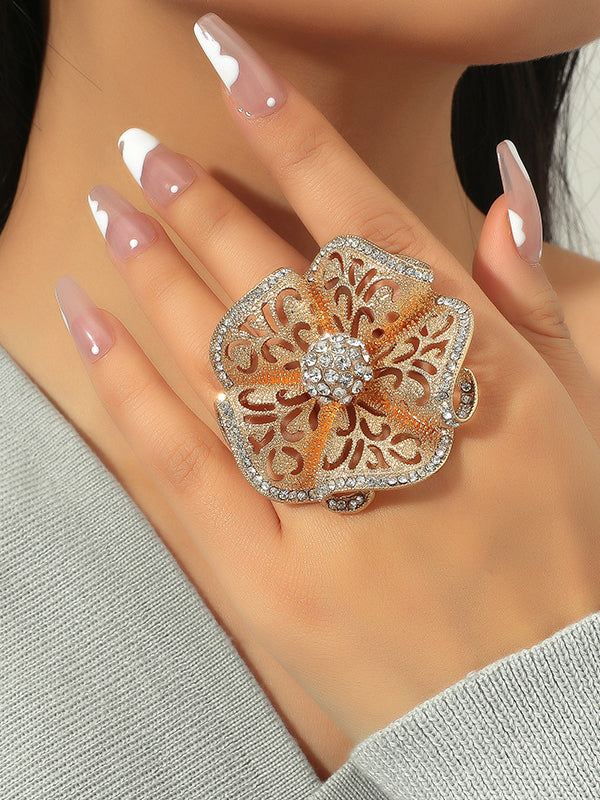 Adjustable Flower Shape Hollow Rhinestone Rings