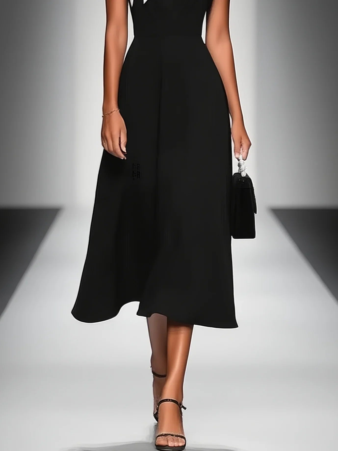Colorblock Square Neck Cap Shoulder Sleeve Waist Midi Dress MDA2447F4Y