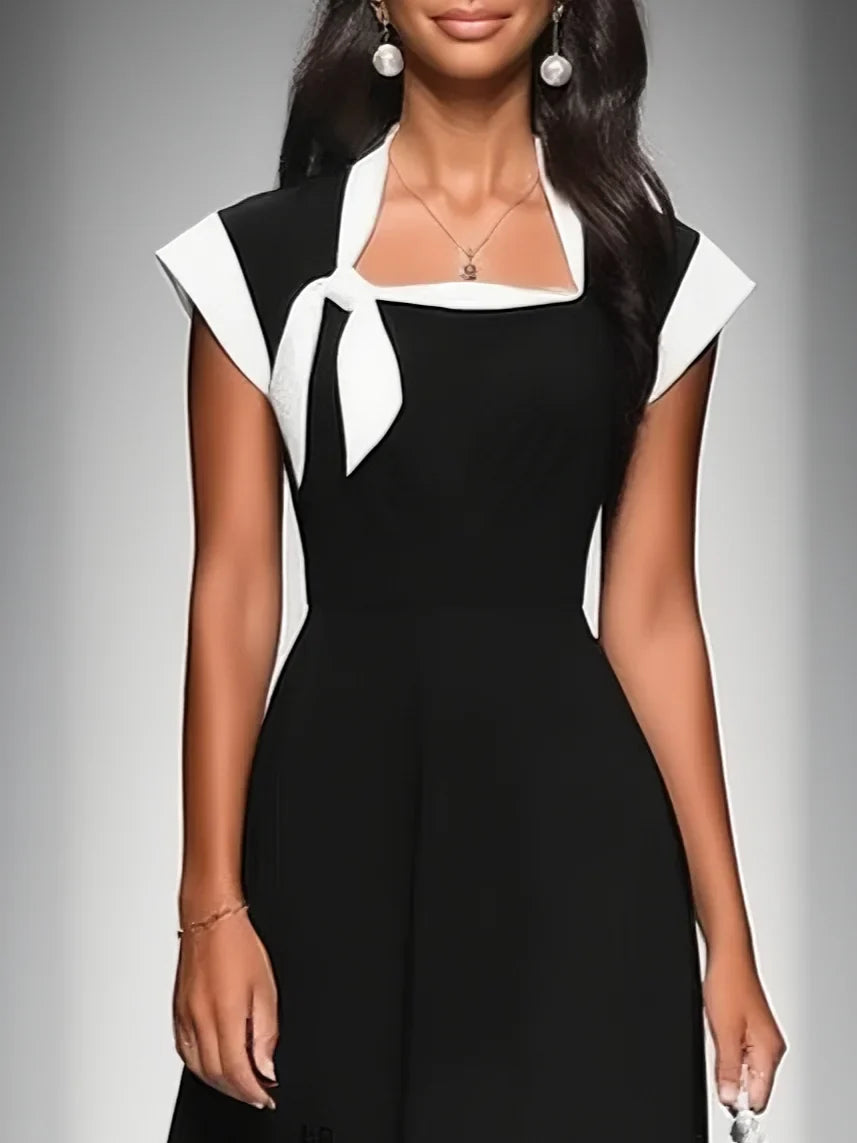 Colorblock Square Neck Cap Shoulder Sleeve Waist Midi Dress MDA2447F4Y