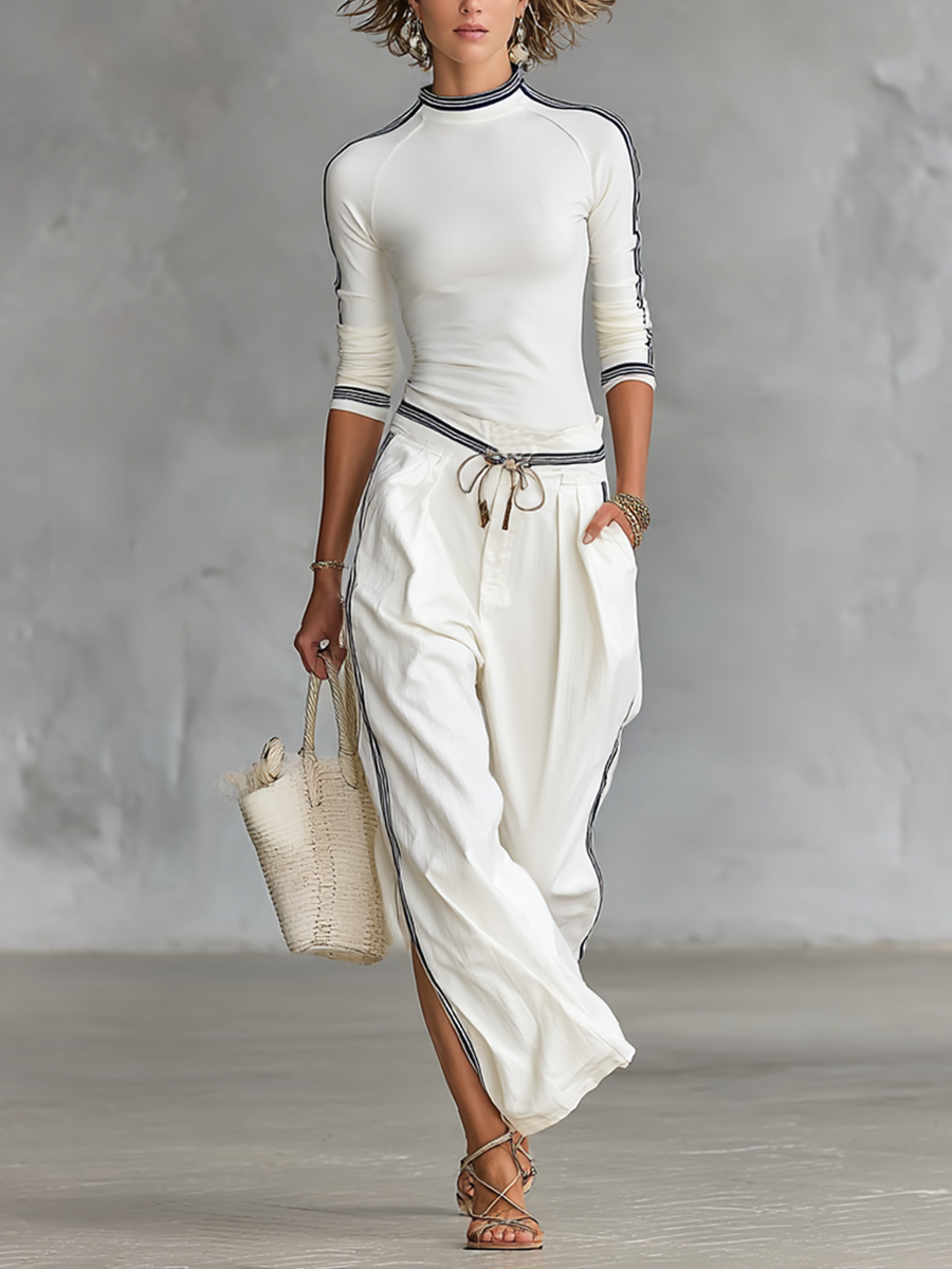 Women's Sports Half-high-neck Long-sleeved T-shirt Drawstring Wide-leg Pants Two-piece Set MDA2569G9Y