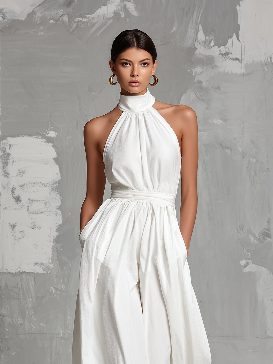 Women's Elegant White Woven Sleeveless Halter-neck Jumpsuit MDZ0554A3AN