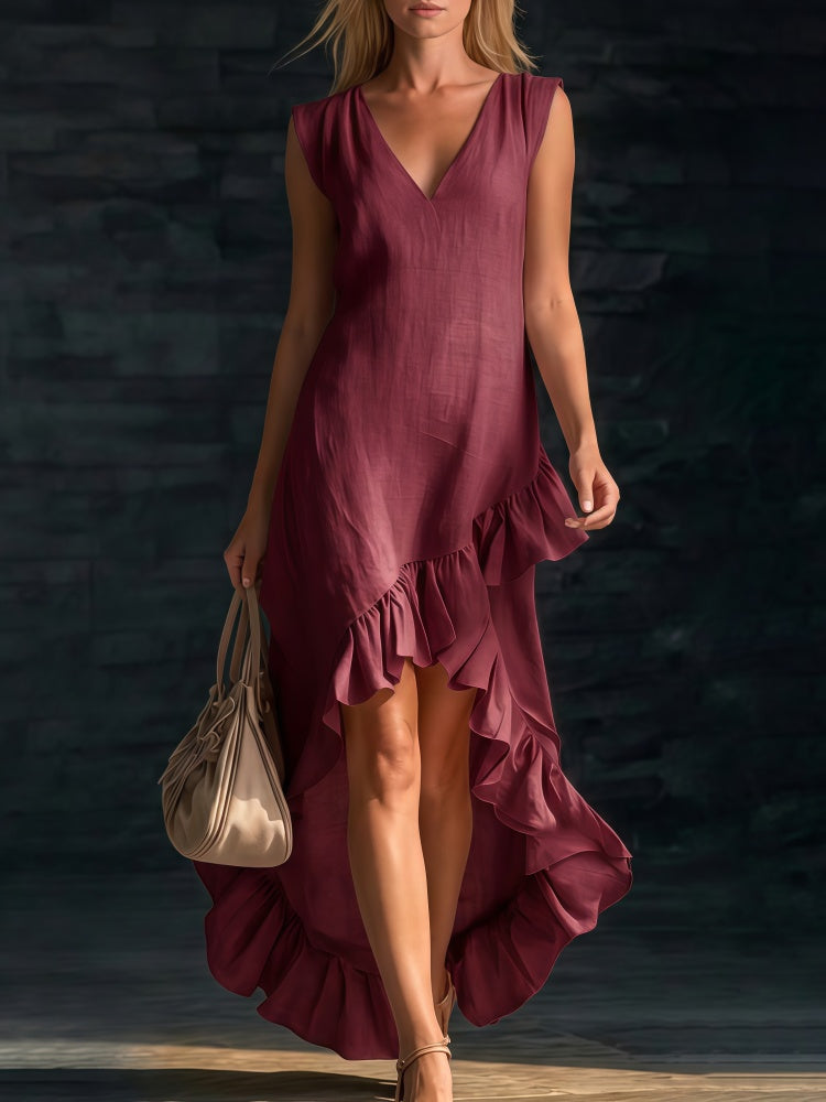 V-Neck Sleeveless High-Low Ruffle Hem Maxi Dress
