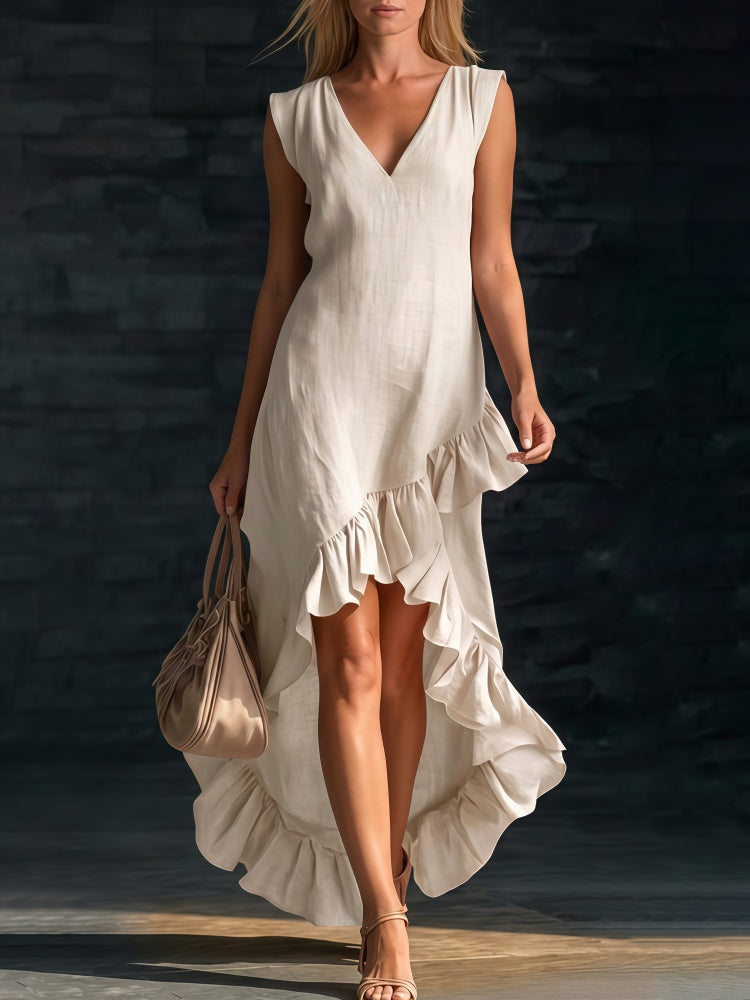 V-Neck Sleeveless High-Low Ruffle Hem Maxi Dress