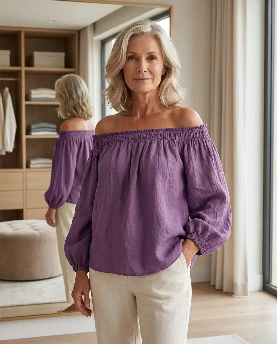 Women's Casual Style Purple Off-Shoulder Long Lantern Sleeve Top MDZ0697E3GMJ