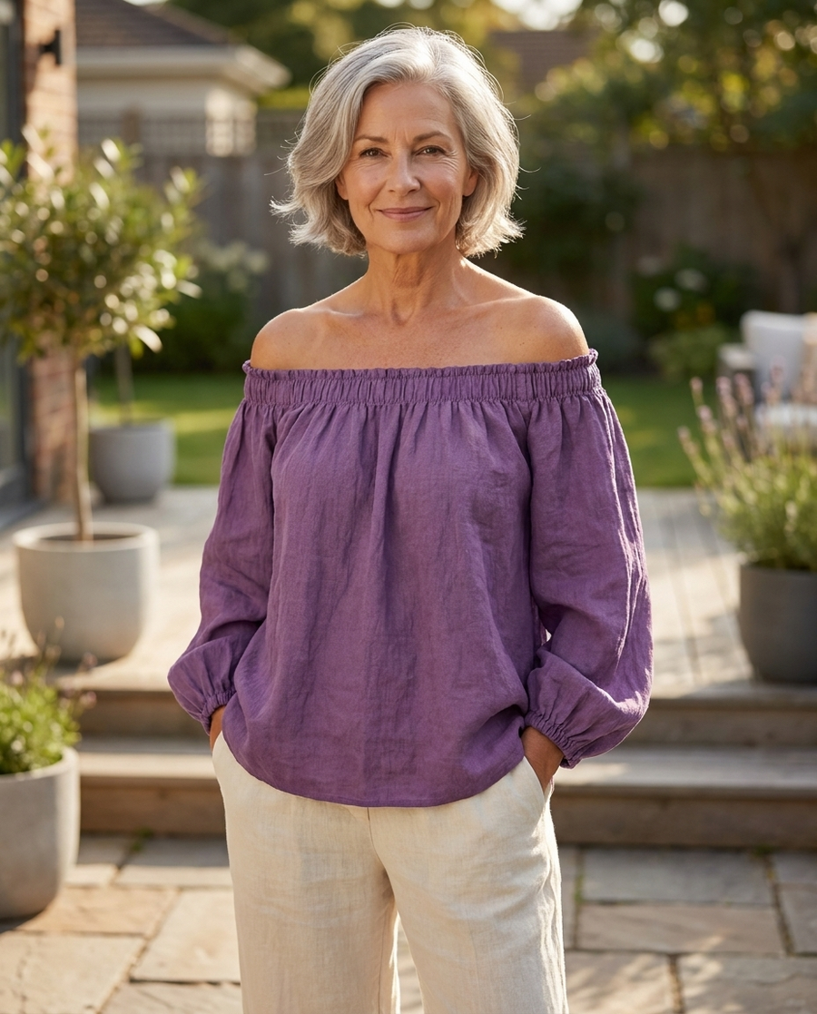 Women's Casual Style Purple Off-Shoulder Long Lantern Sleeve Top MDZ0697E3GMJ