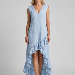 V-Neck Ruffle Maxi Dress - Light Blue - Front
