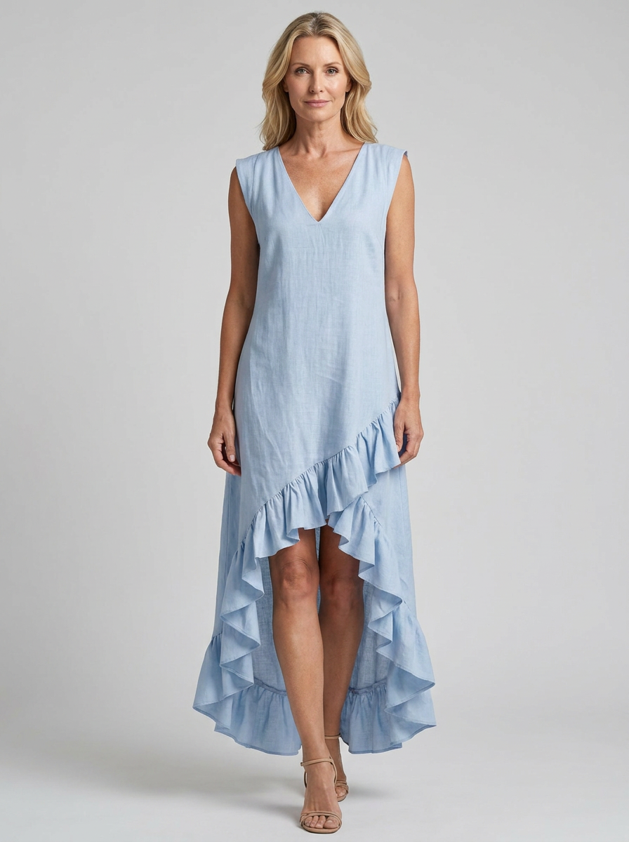V-Neck Ruffle Maxi Dress - Light Blue - Front