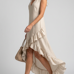 V-Neck Ruffle Maxi Dress - Beige - Side